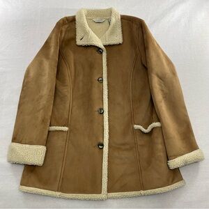 LL Bean Jacket Womens M Sherpa Fleece Lined Button Coat Faux Suede Warm Cozy